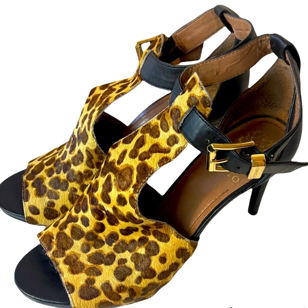 VINCE CAMUTO -Leopard and Leather Heels with Gold Buckle Strap. Size 6 1/2 M